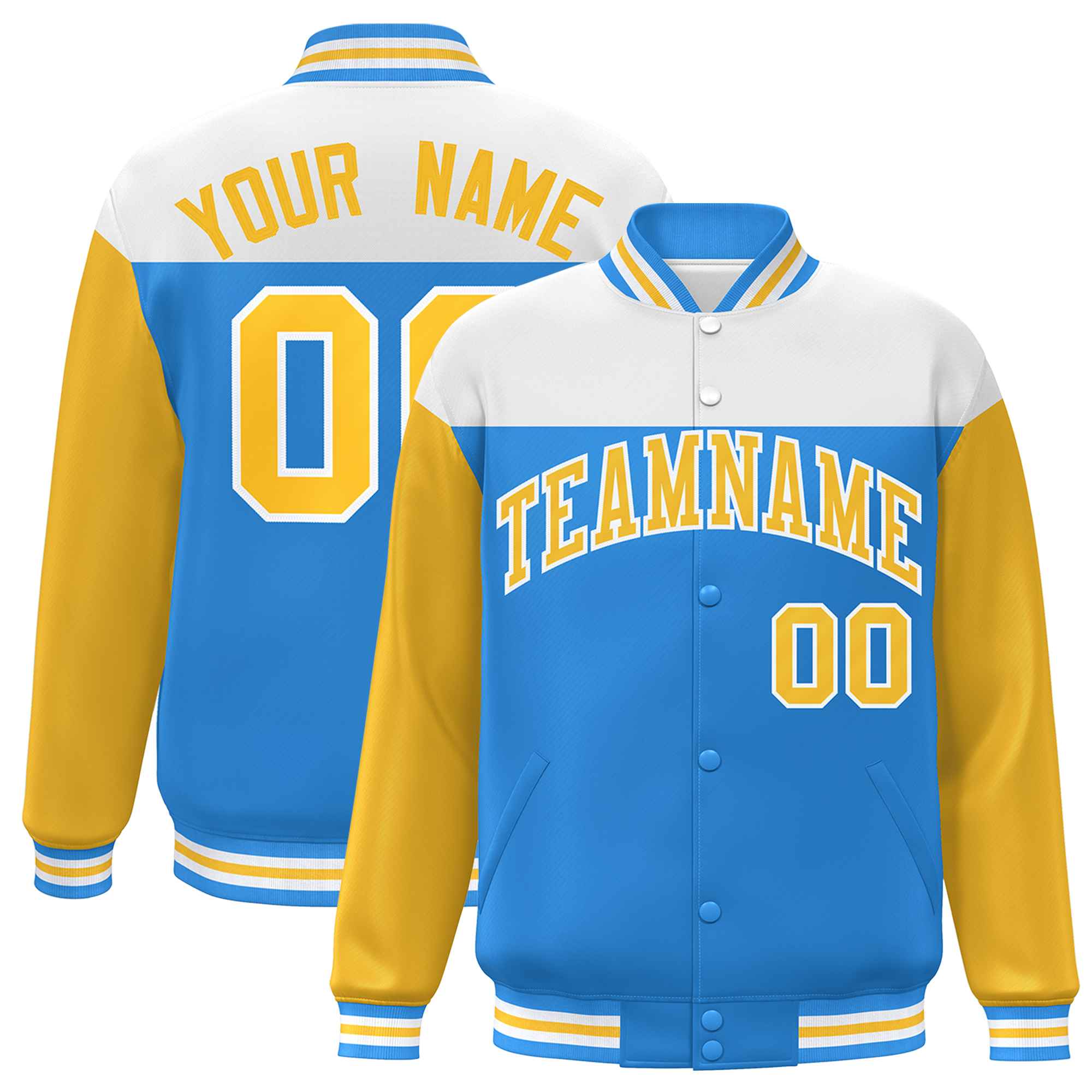 Custom White Powder Blue-Gold Letterman Color Block Varsity Full-Snap Baseball Jacket