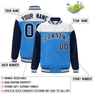 Custom White Powder Blue-Navy Letterman Color Block Varsity Full-Snap Baseball Jacket
