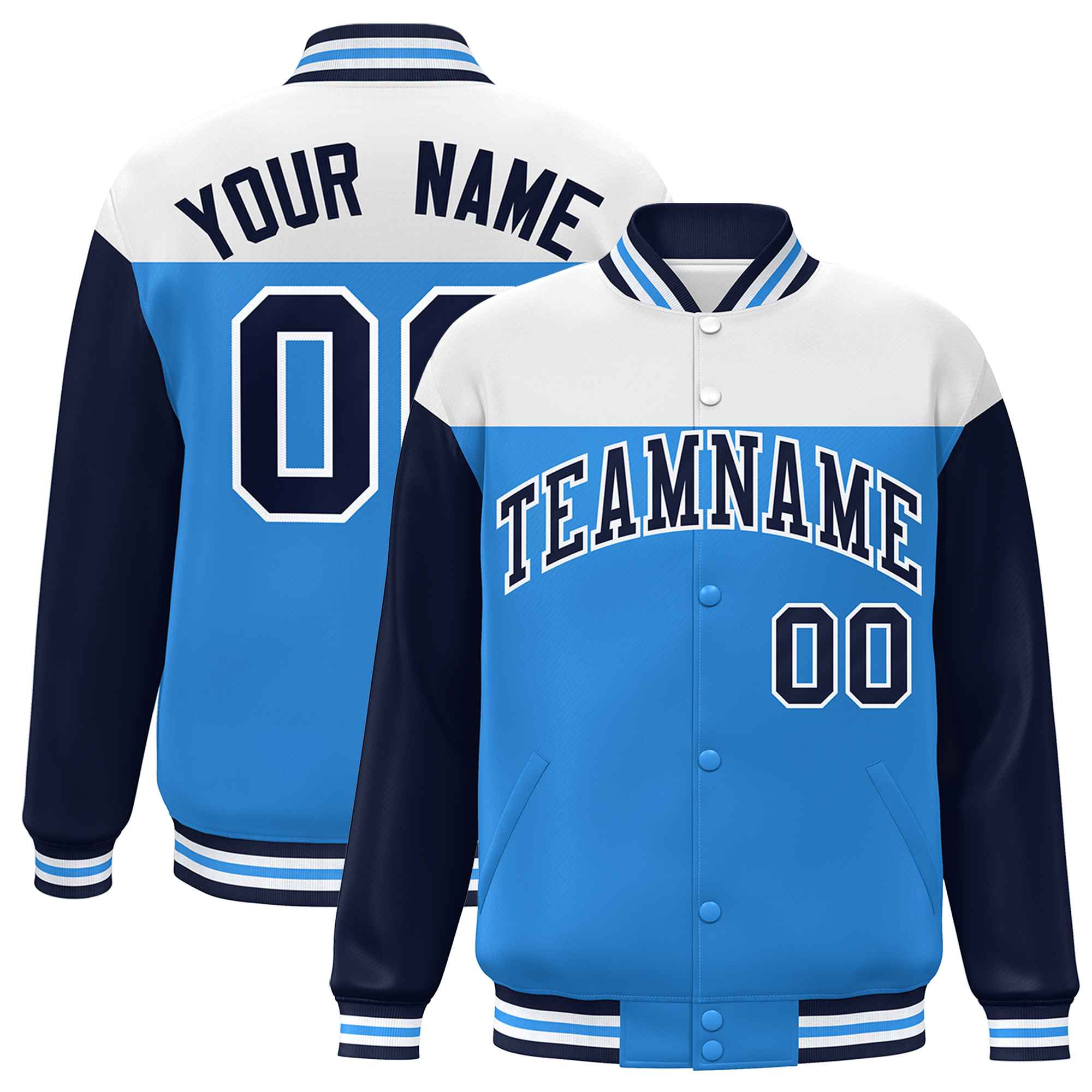 Custom White Powder Blue-Navy Letterman Color Block Varsity Full-Snap Baseball Jacket