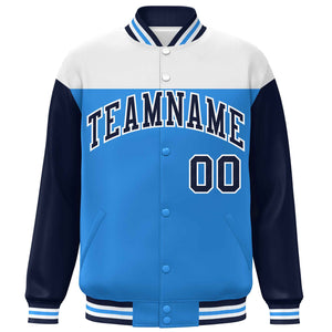 Custom White Powder Blue-Navy Letterman Color Block Varsity Full-Snap Baseball Jacket