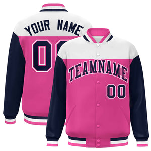 Custom White Pink-Navy Letterman Color Block Varsity Full-Snap Baseball Jacket