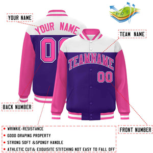 Custom White Purple-Pink Letterman Color Block Varsity Full-Snap Baseball Jacket