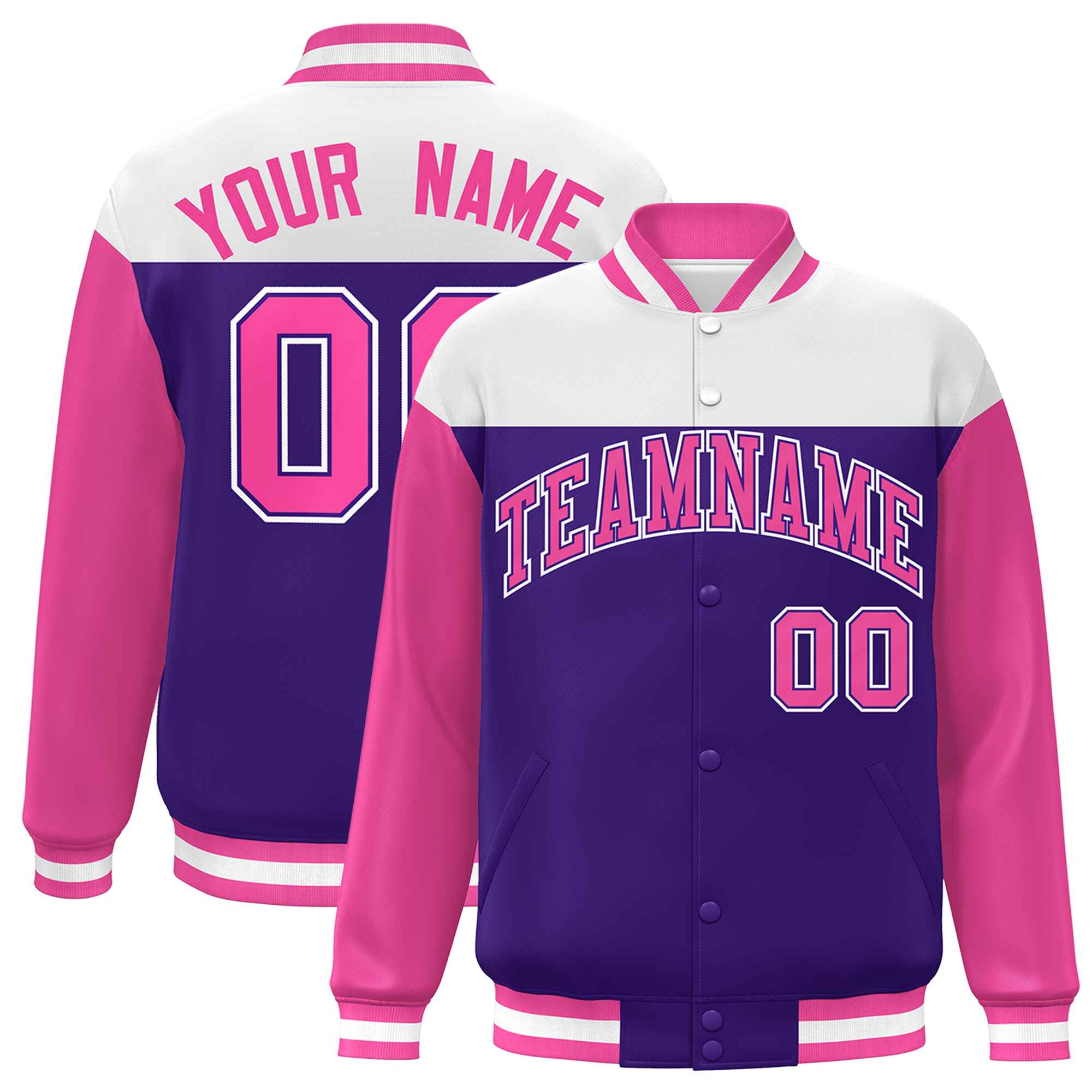 Custom White Purple-Pink Letterman Color Block Varsity Full-Snap Baseball Jacket