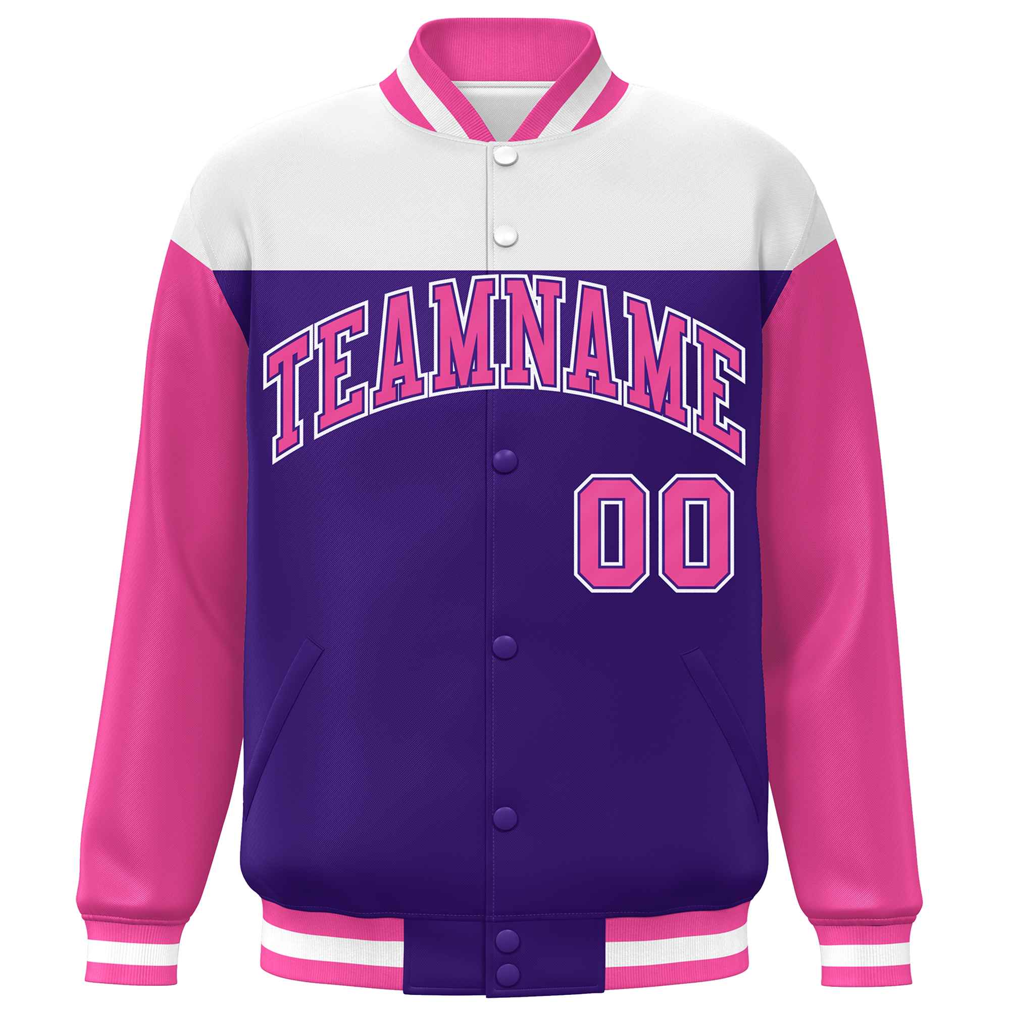 Custom White Purple-Pink Letterman Color Block Varsity Full-Snap Baseball Jacket