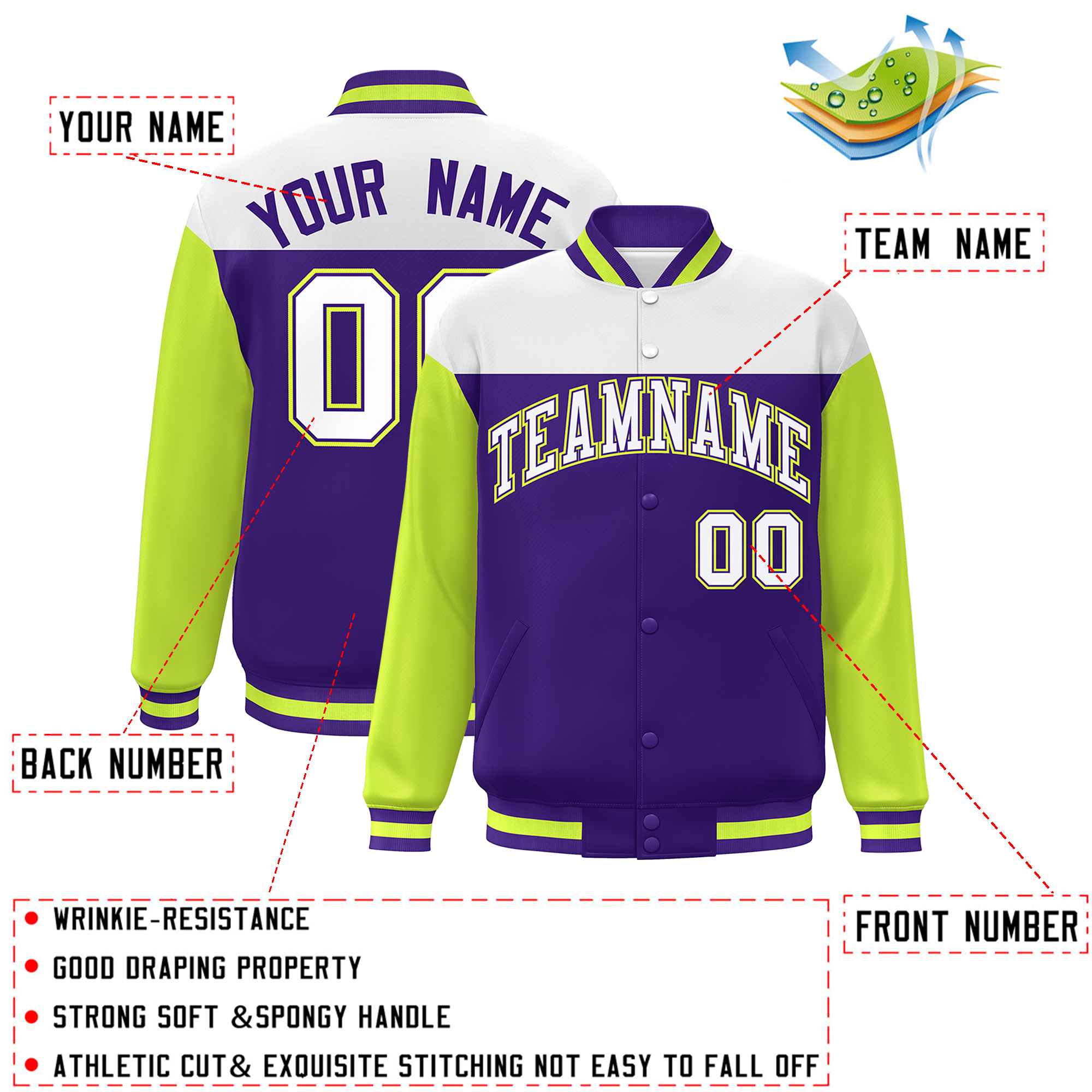 Custom White Purple-Neon Green Letterman Color Block Varsity Full-Snap Baseball Jacket