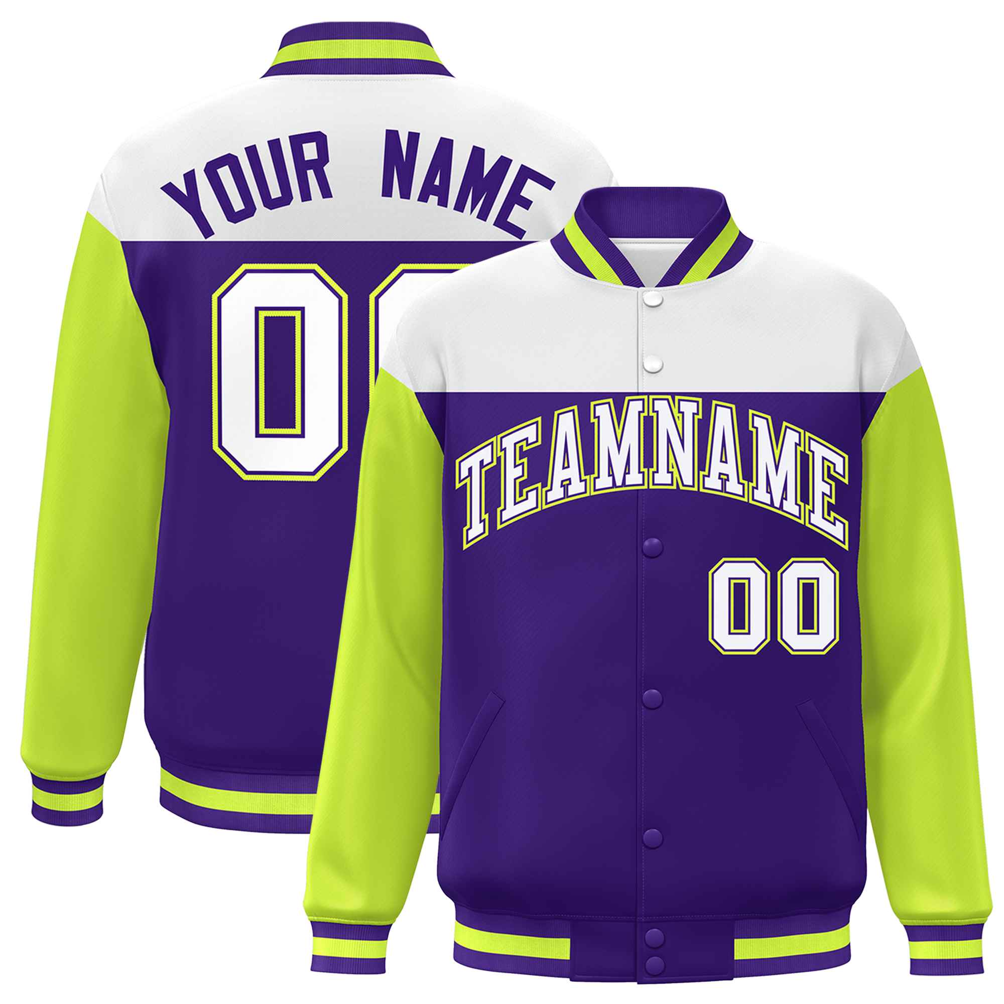 Custom White Purple-Neon Green Letterman Color Block Varsity Full-Snap Baseball Jacket