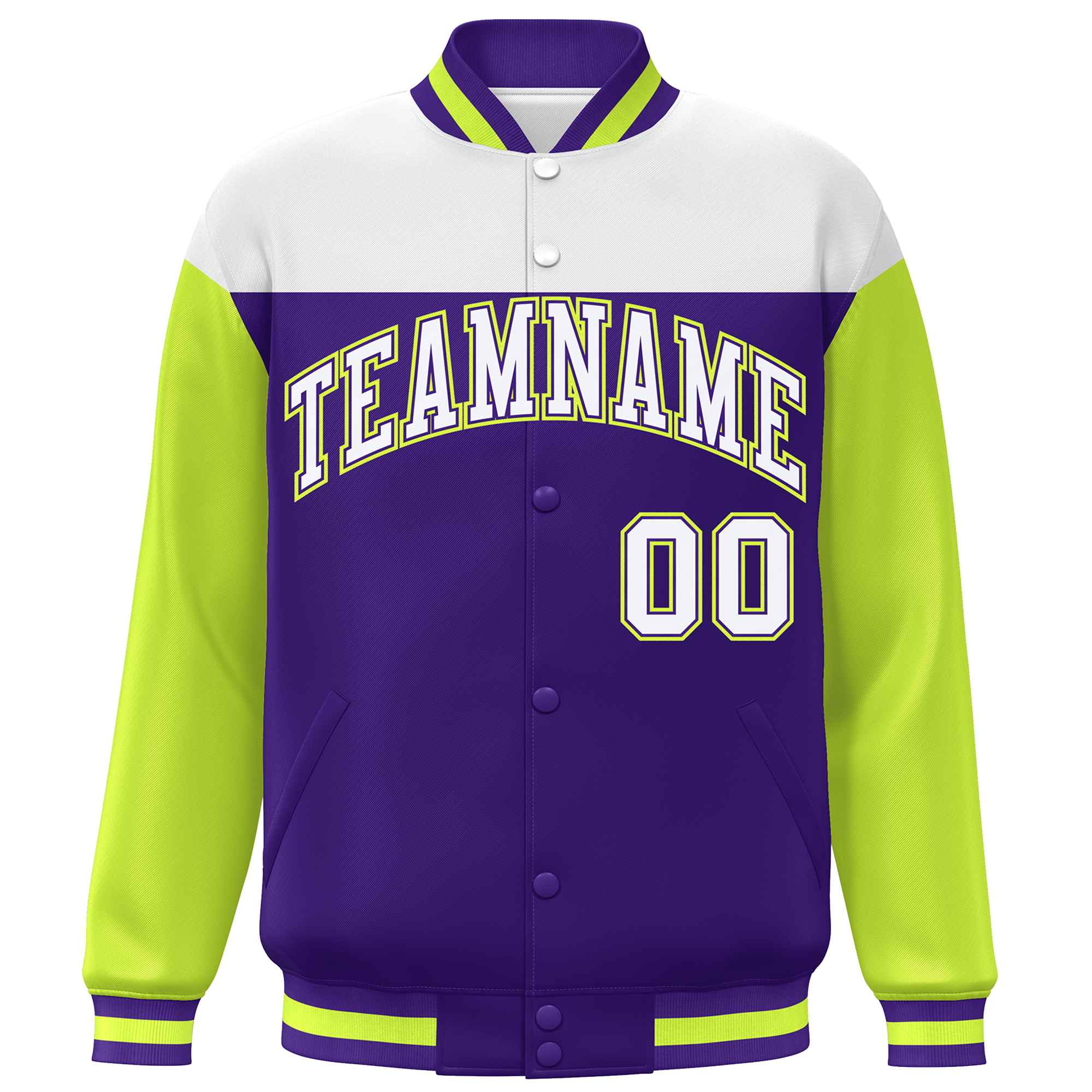 Custom White Purple-Neon Green Letterman Color Block Varsity Full-Snap Baseball Jacket