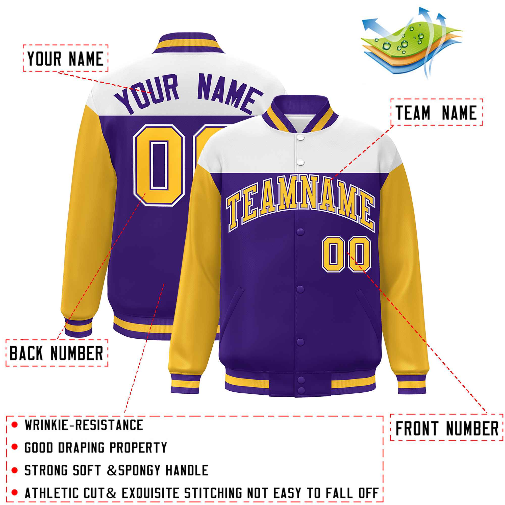 Custom White Purple-Gold Letterman Color Block Varsity Full-Snap Baseball Jacket