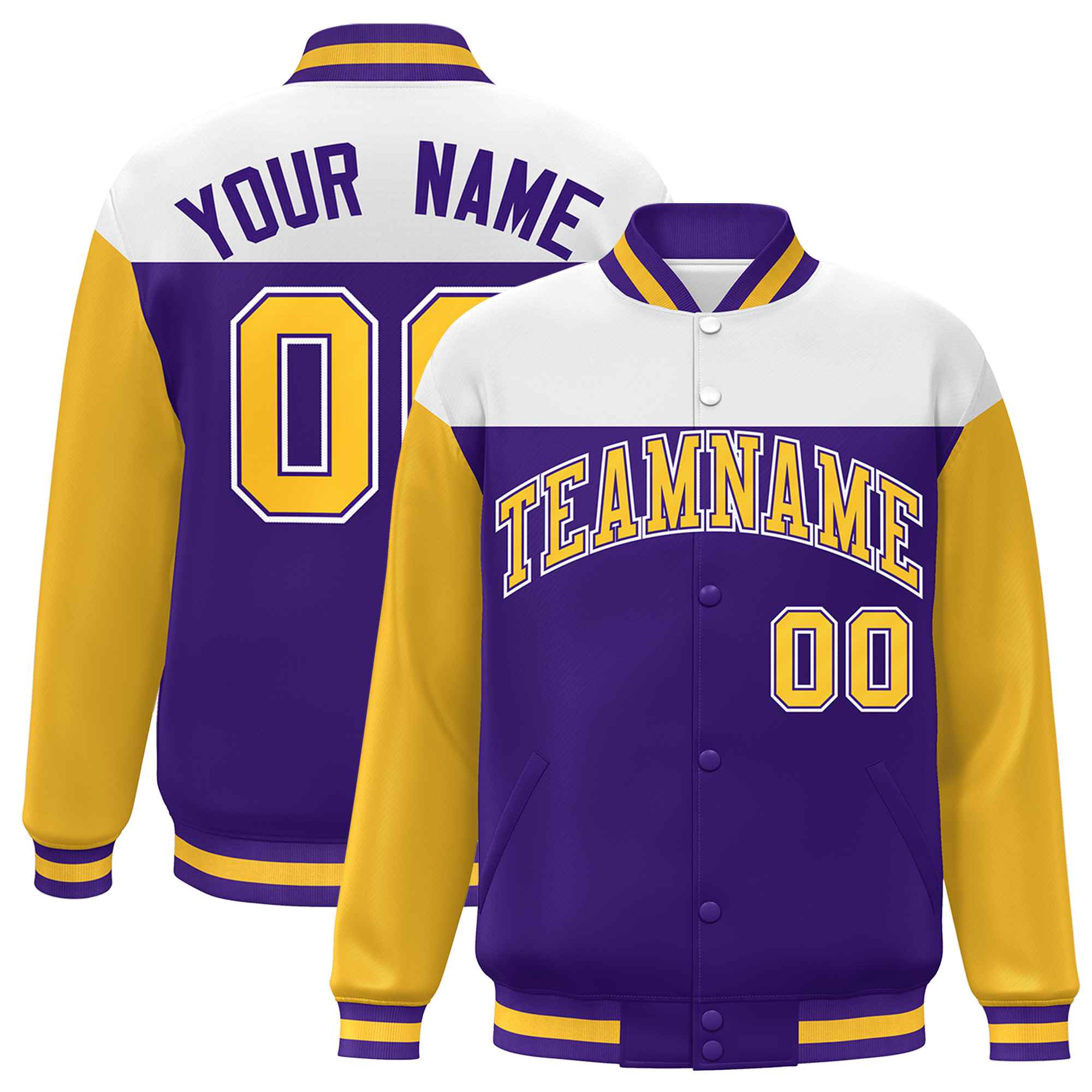 Custom White Purple-Gold Letterman Color Block Varsity Full-Snap Baseball Jacket