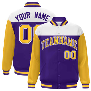 Custom White Purple-Gold Letterman Color Block Varsity Full-Snap Baseball Jacket