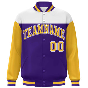 Custom White Purple-Gold Letterman Color Block Varsity Full-Snap Baseball Jacket