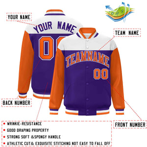 Custom White Purple-Orange Letterman Color Block Varsity Full-Snap Baseball Jacket