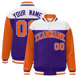 Custom White Purple-Orange Letterman Color Block Varsity Full-Snap Baseball Jacket