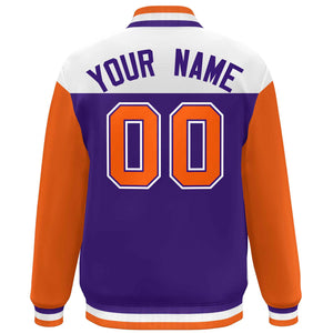 Custom White Purple-Orange Letterman Color Block Varsity Full-Snap Baseball Jacket