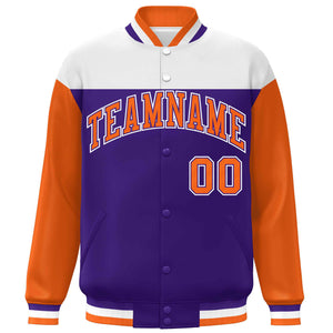 Custom White Purple-Orange Letterman Color Block Varsity Full-Snap Baseball Jacket