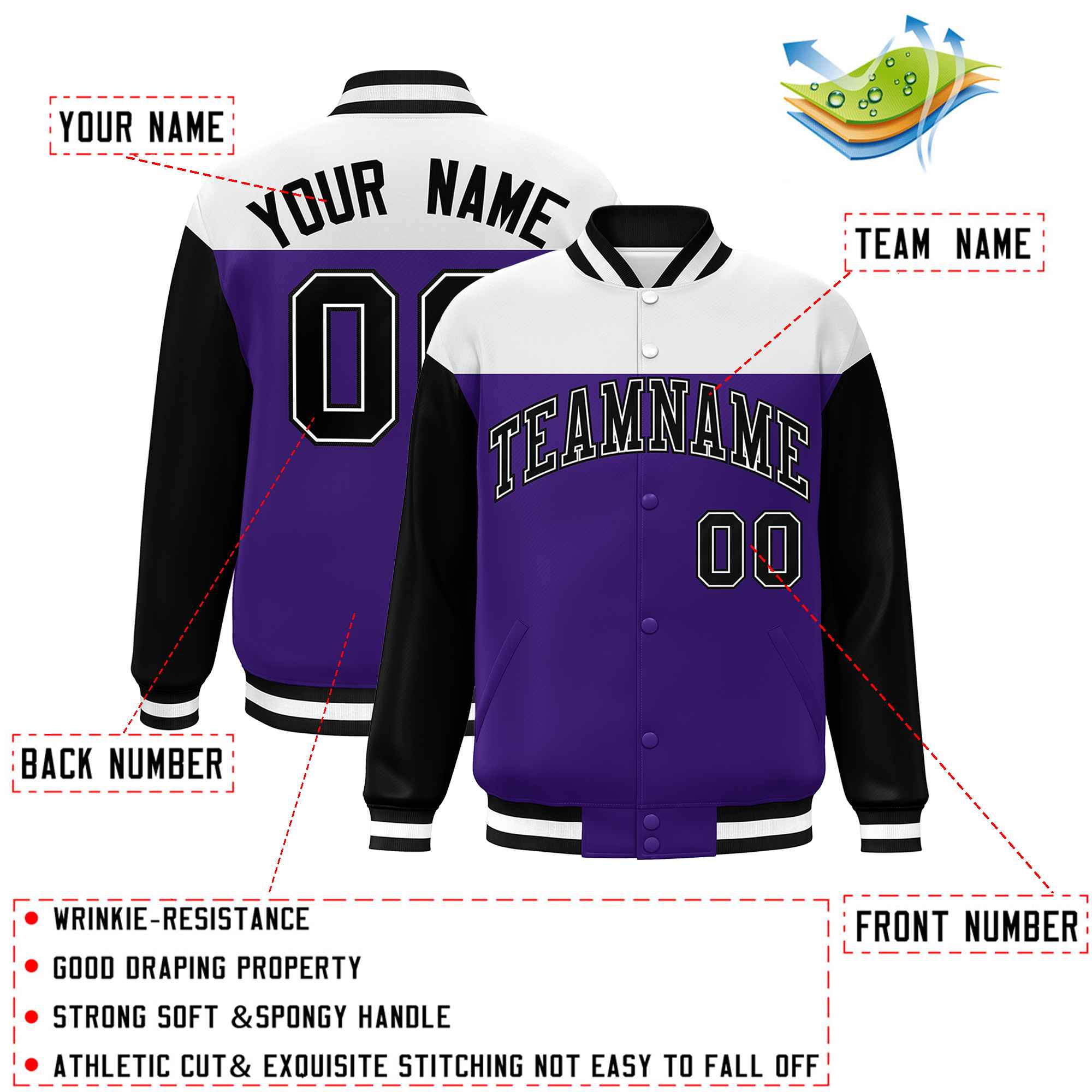 Custom White Purple-Black Letterman Color Block Varsity Full-Snap Baseball Jacket