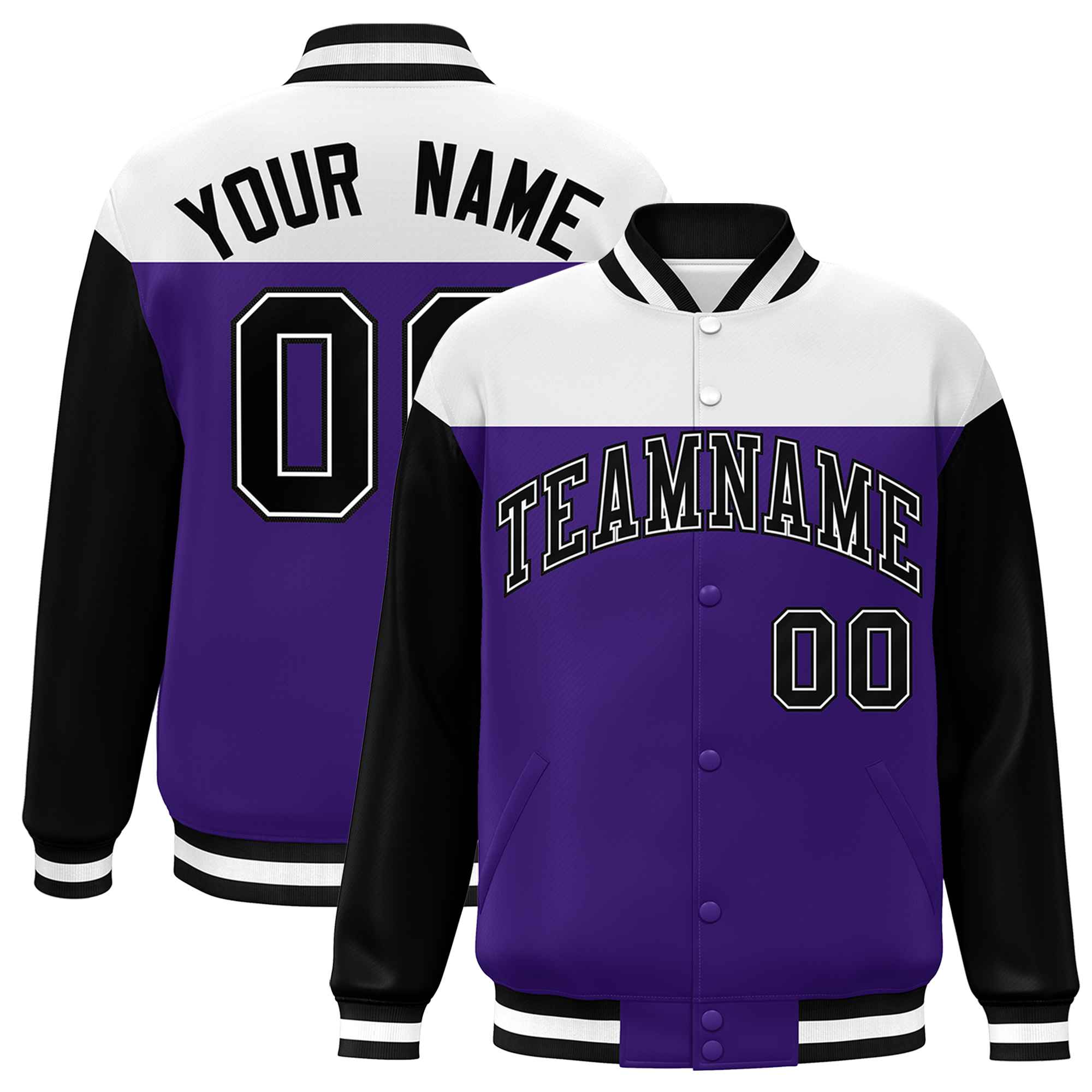 Custom White Purple-Black Letterman Color Block Varsity Full-Snap Baseball Jacket