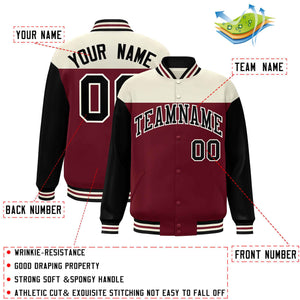 Custom Cream Crimson-Black Letterman Color Block Varsity Full-Snap Baseball Jacket