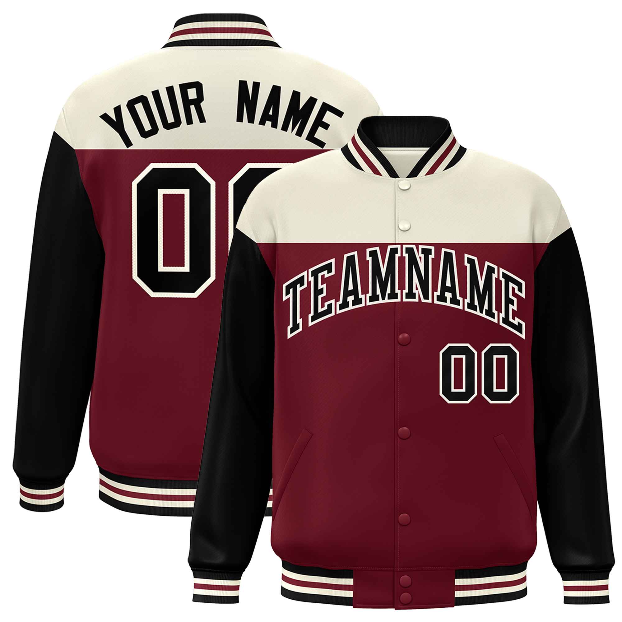 Custom Cream Crimson-Black Letterman Color Block Varsity Full-Snap Baseball Jacket