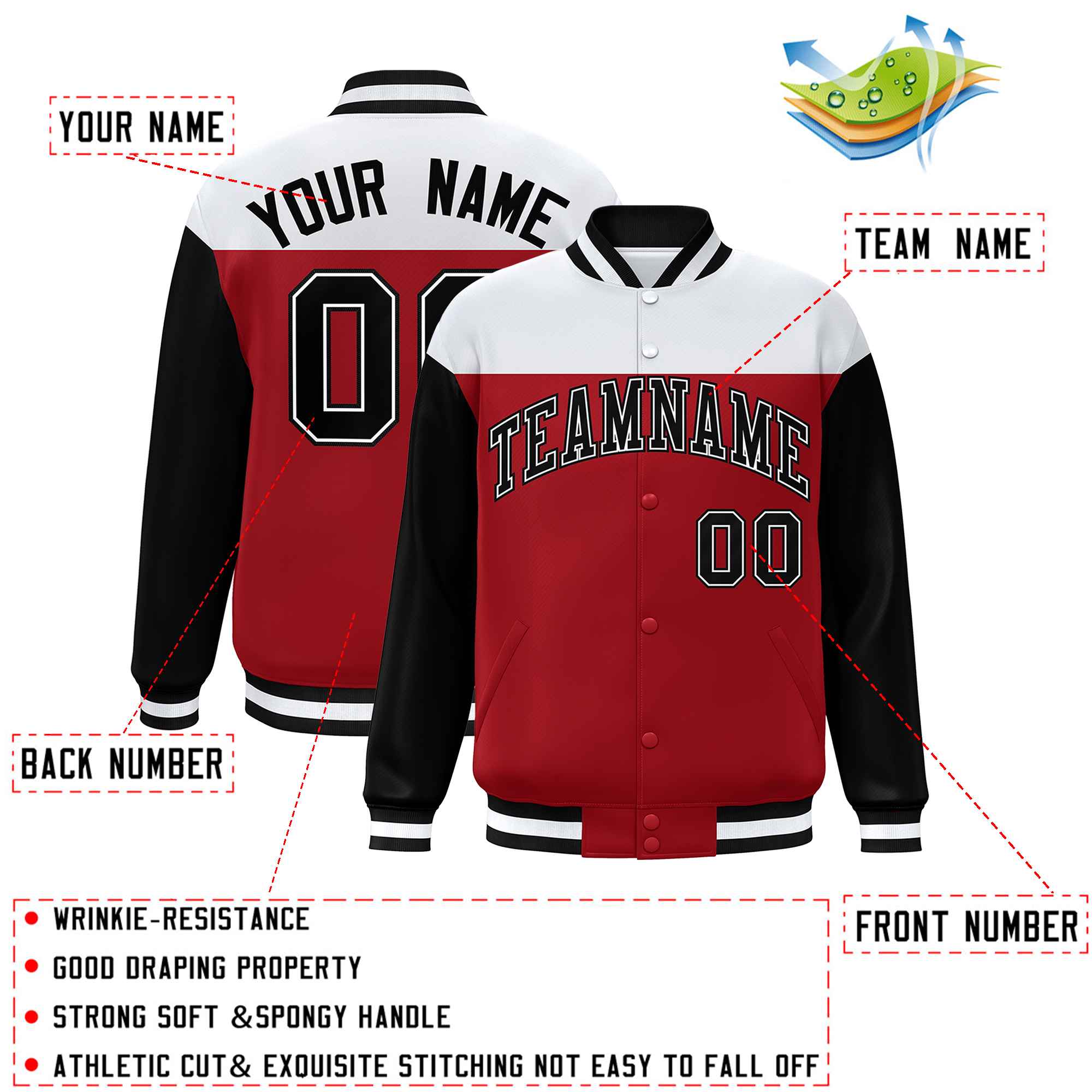 Custom White Red-Black Letterman Color Block Varsity Full-Snap Baseball Jacket