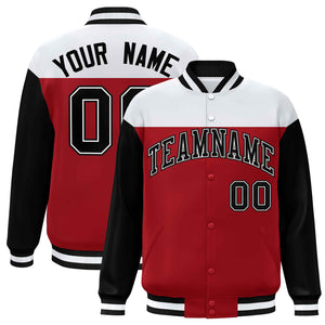 Custom White Red-Black Letterman Color Block Varsity Full-Snap Baseball Jacket