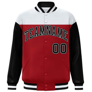 Custom White Red-Black Letterman Color Block Varsity Full-Snap Baseball Jacket