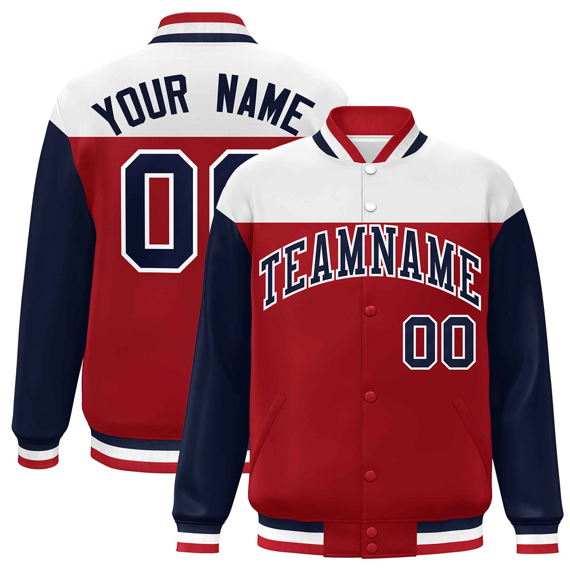 Custom White Red-Navy Letterman Color Block Varsity Full-Snap Baseball Jacket