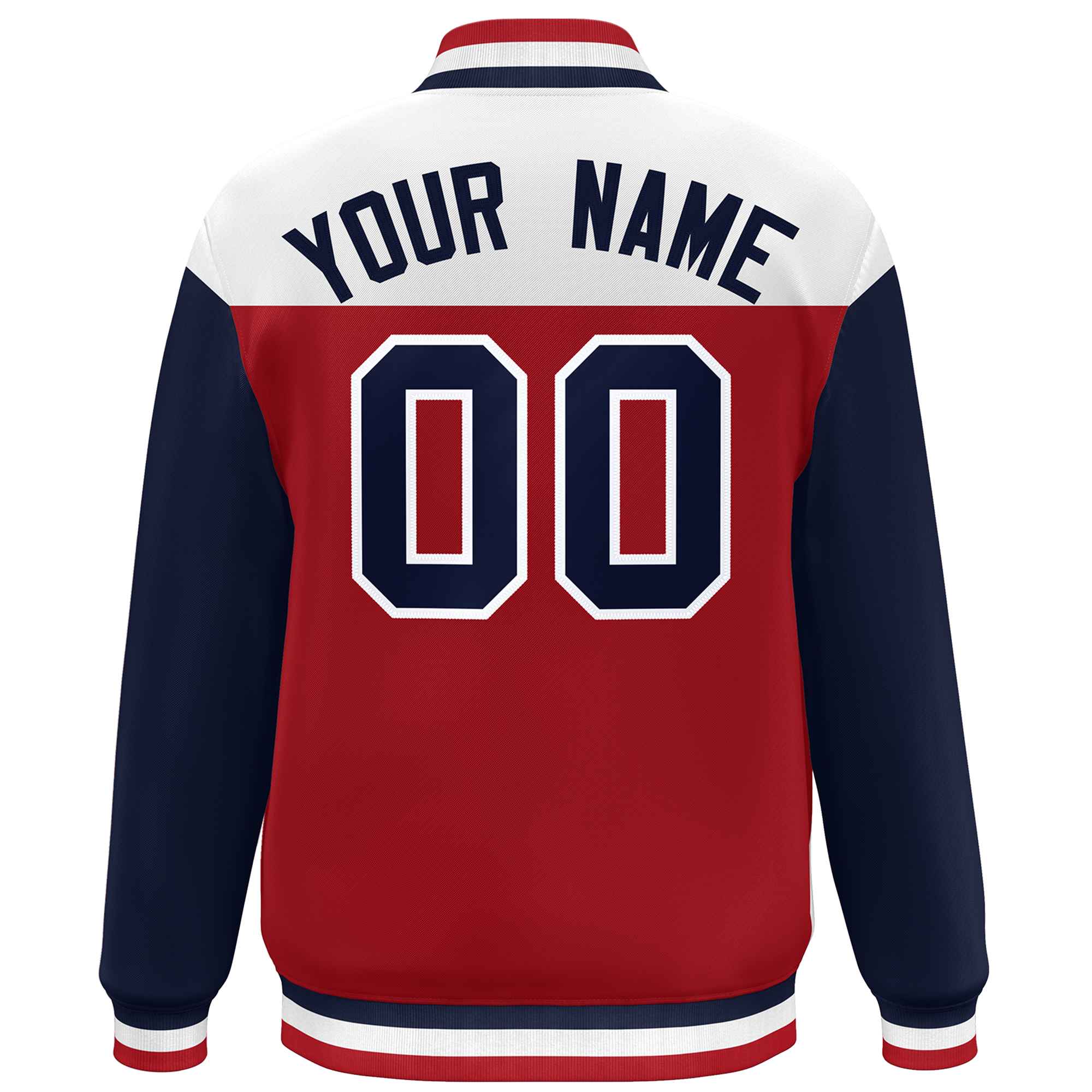 Custom White Red-Navy Letterman Color Block Varsity Full-Snap Baseball Jacket