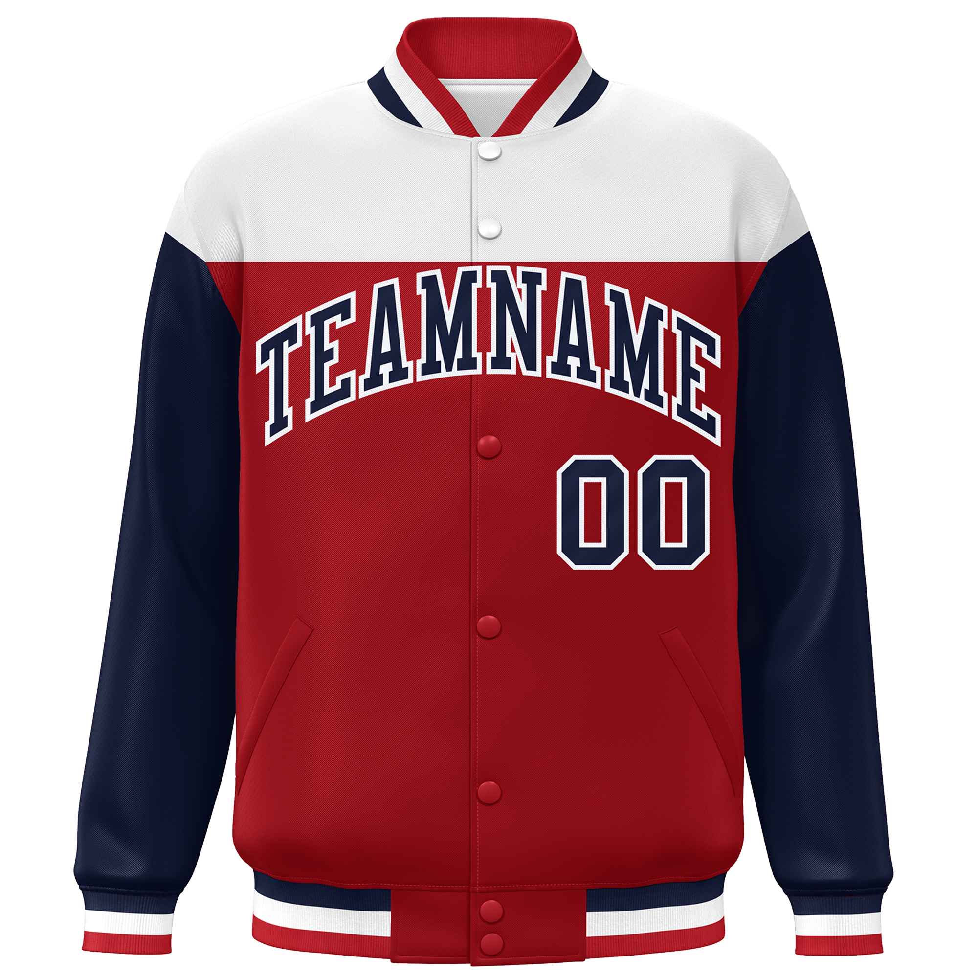 Custom White Red-Navy Letterman Color Block Varsity Full-Snap Baseball Jacket