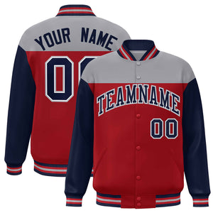 Custom Gray Red-Navy Letterman Color Block Varsity Full-Snap Baseball Jacket