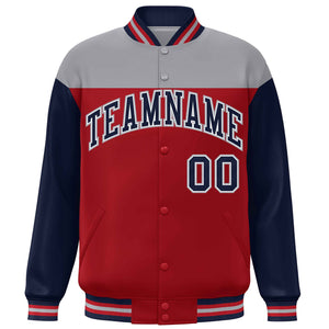 Custom Gray Red-Navy Letterman Color Block Varsity Full-Snap Baseball Jacket