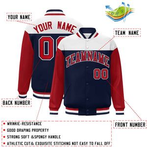 Custom White Navy-Red Letterman Color Block Varsity Full-Snap Baseball Jacket