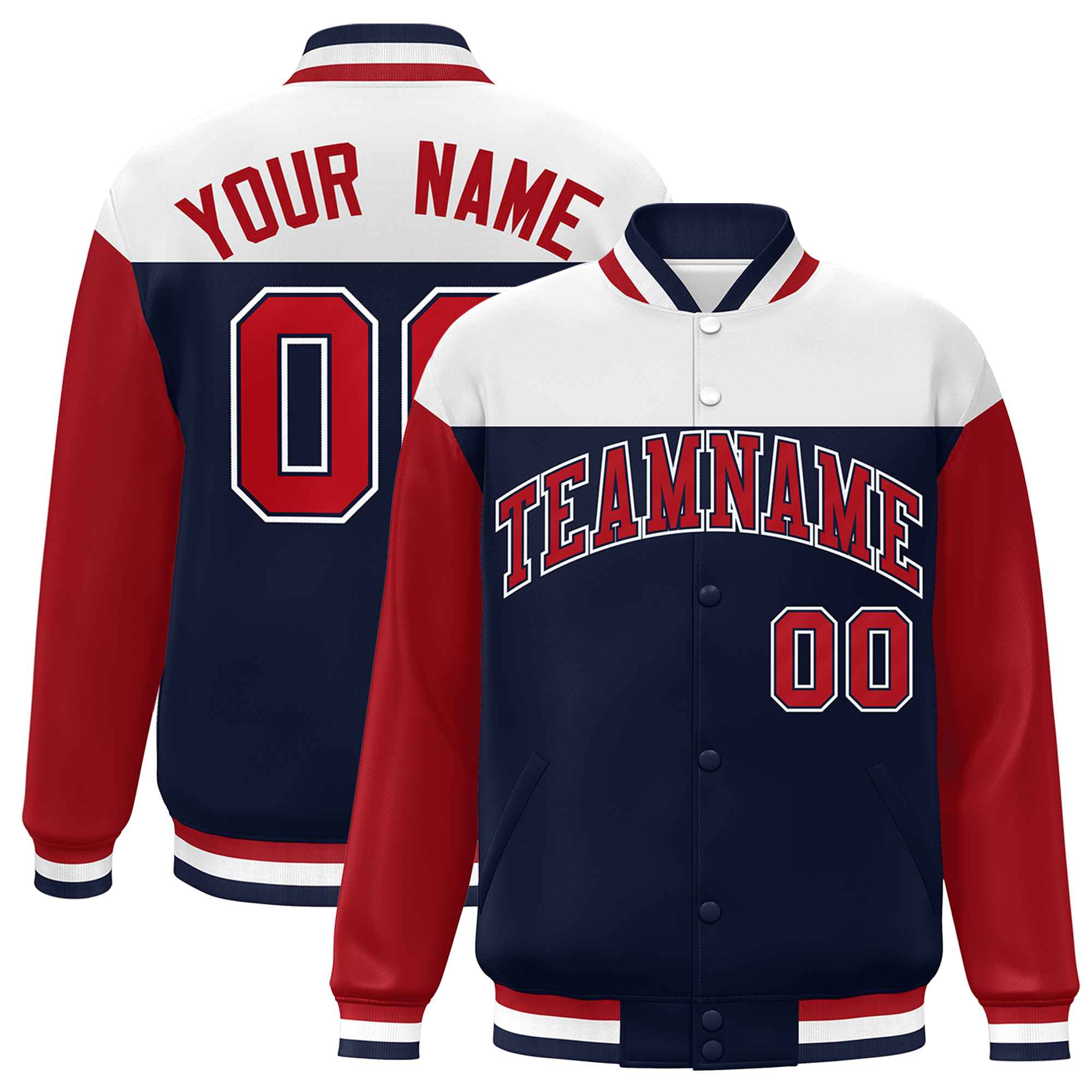 Custom White Navy-Red Letterman Color Block Varsity Full-Snap Baseball Jacket