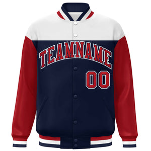 Custom White Navy-Red Letterman Color Block Varsity Full-Snap Baseball Jacket