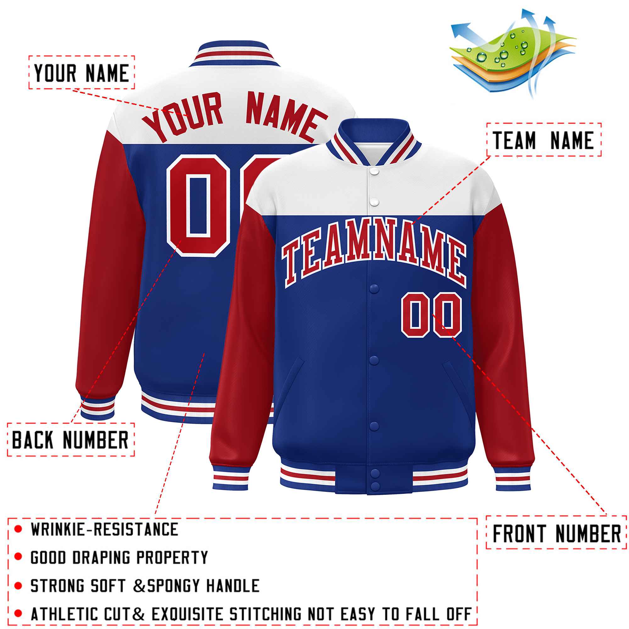 Custom White Royal-Red Letterman Color Block Varsity Full-Snap Baseball Jacket