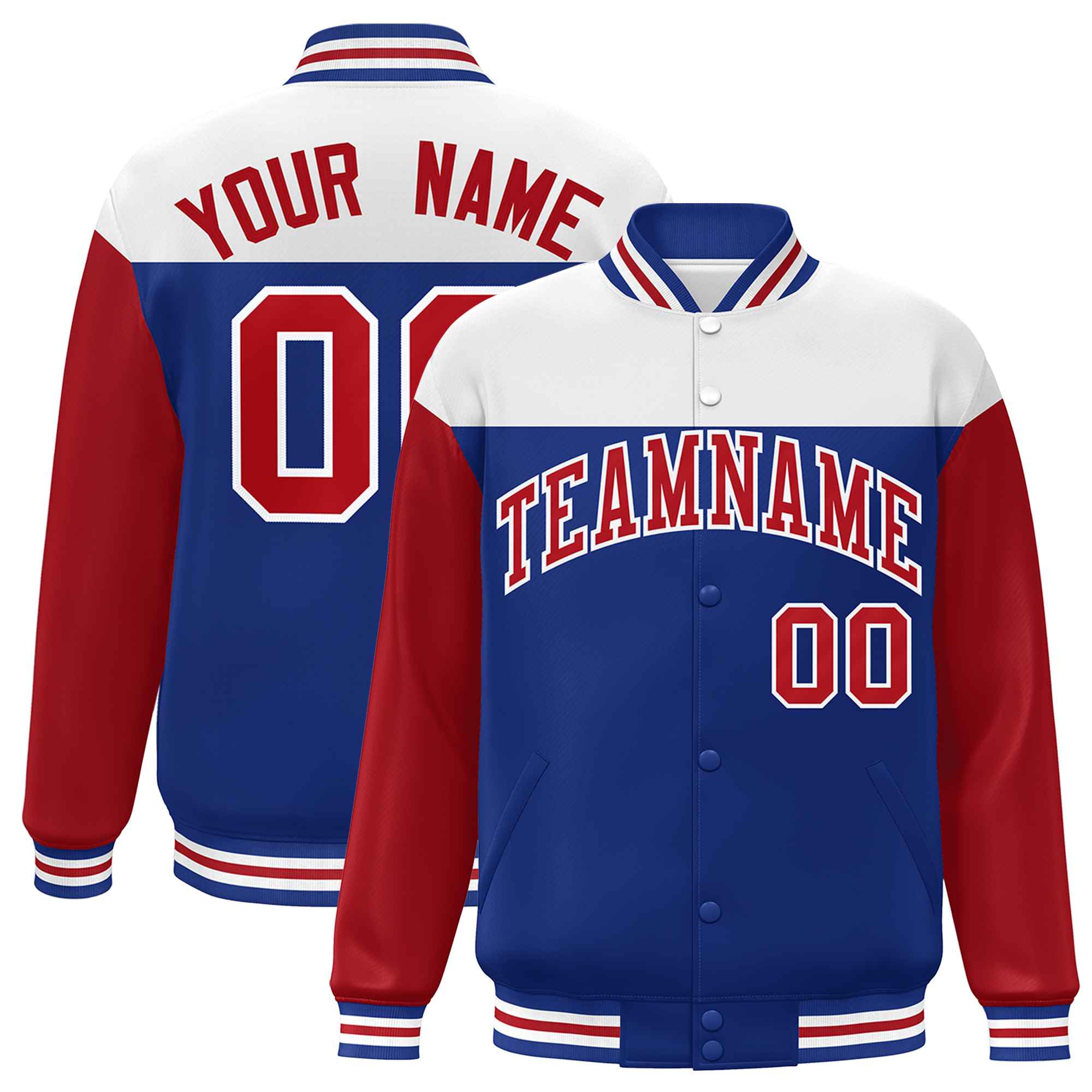 Custom White Royal-Red Letterman Color Block Varsity Full-Snap Baseball Jacket