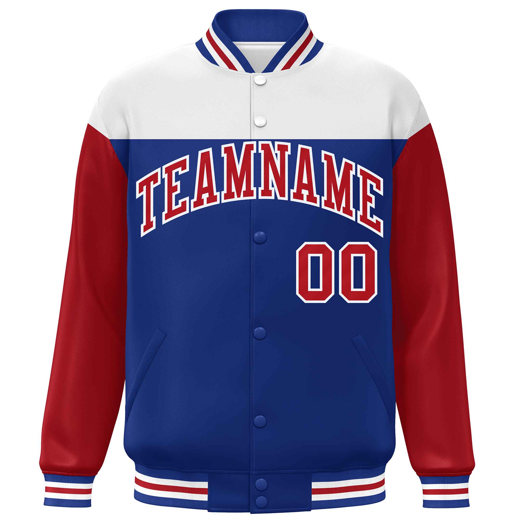 Custom White Royal-Red Letterman Color Block Varsity Full-Snap Baseball Jacket