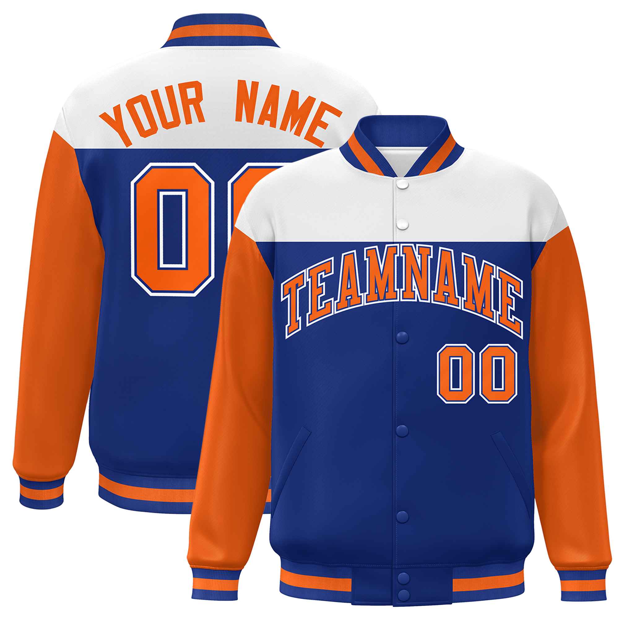 Custom White Royal-Orange Letterman Color Block Varsity Full-Snap Baseball Jacket