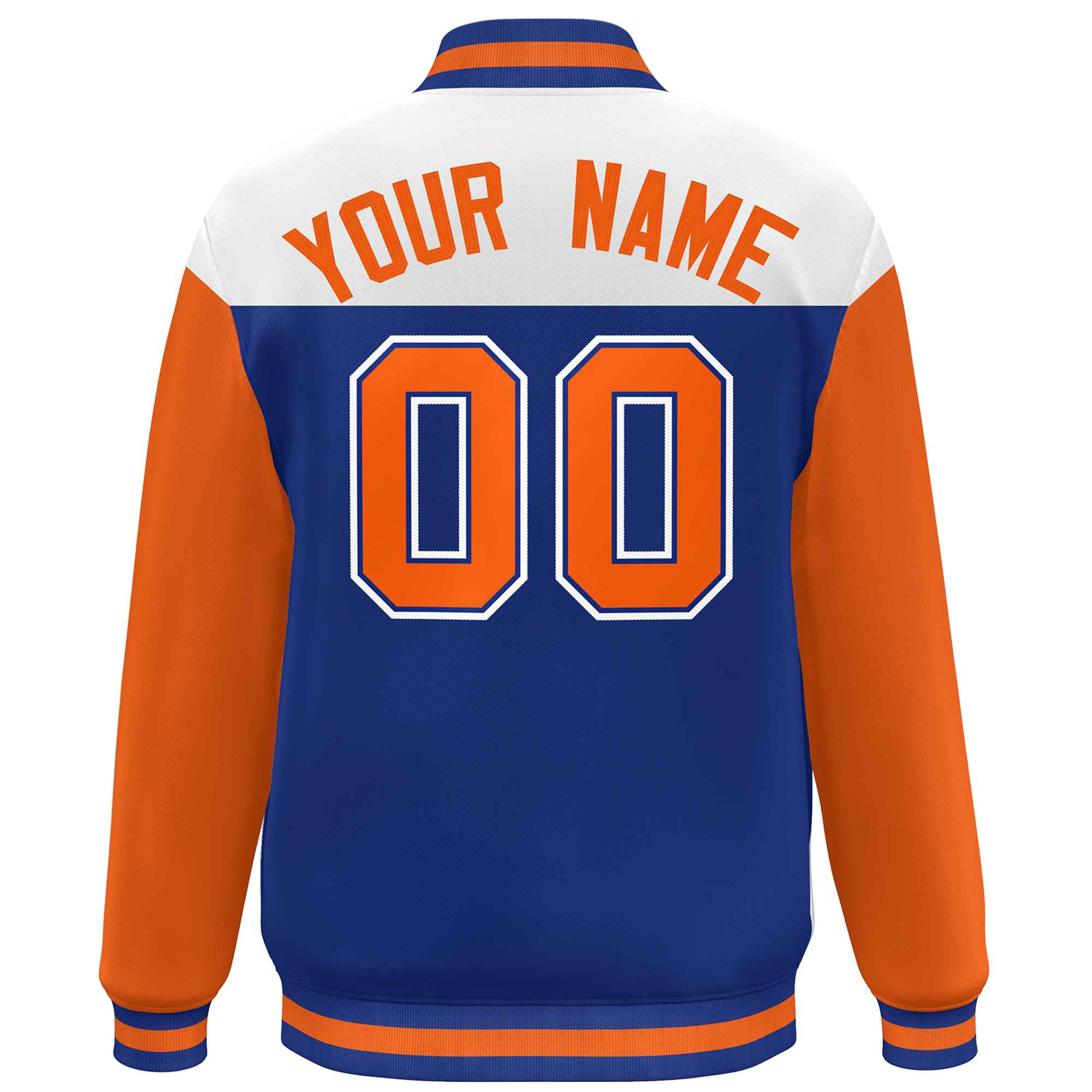 Custom White Royal-Orange Letterman Color Block Varsity Full-Snap Baseball Jacket