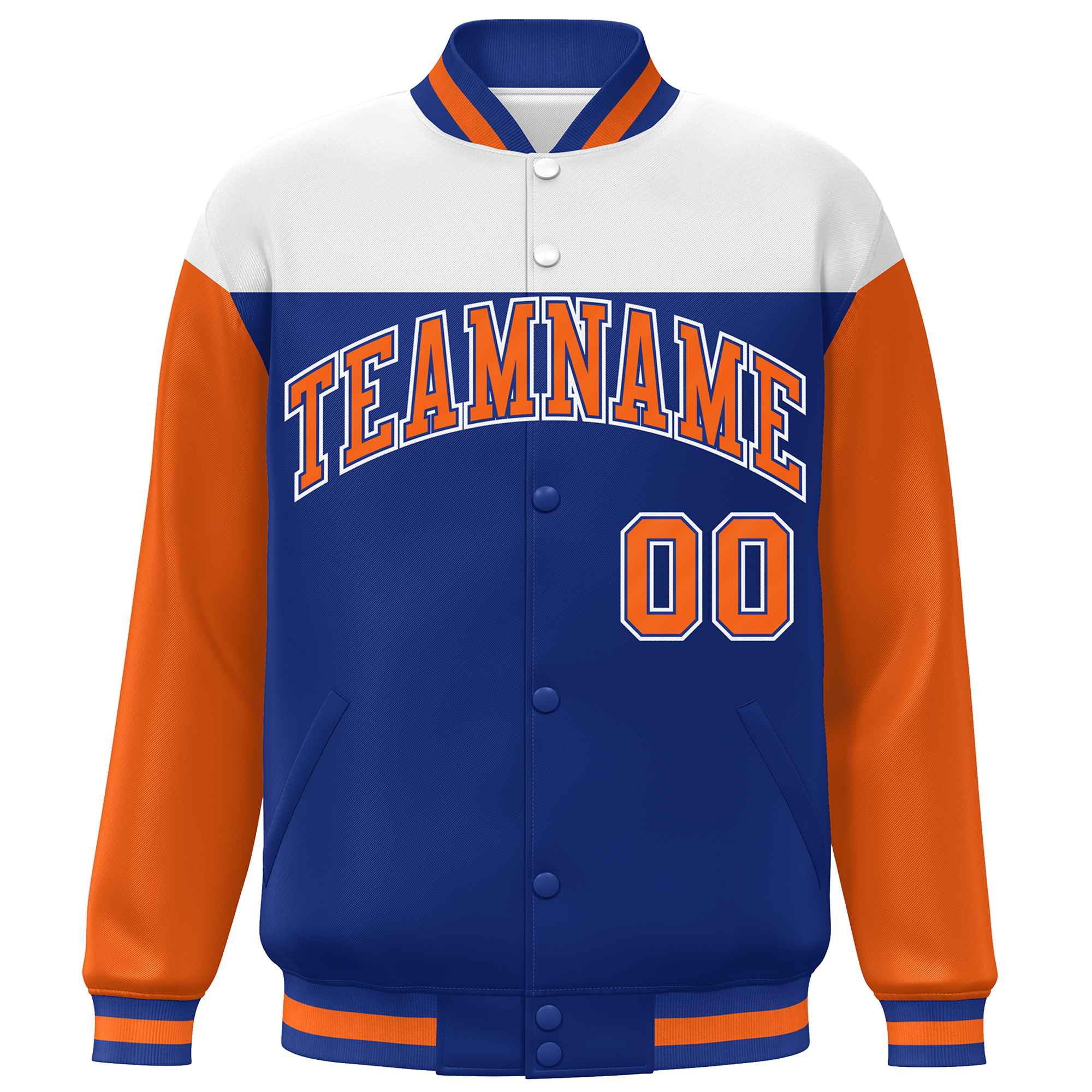 Custom White Royal-Orange Letterman Color Block Varsity Full-Snap Baseball Jacket