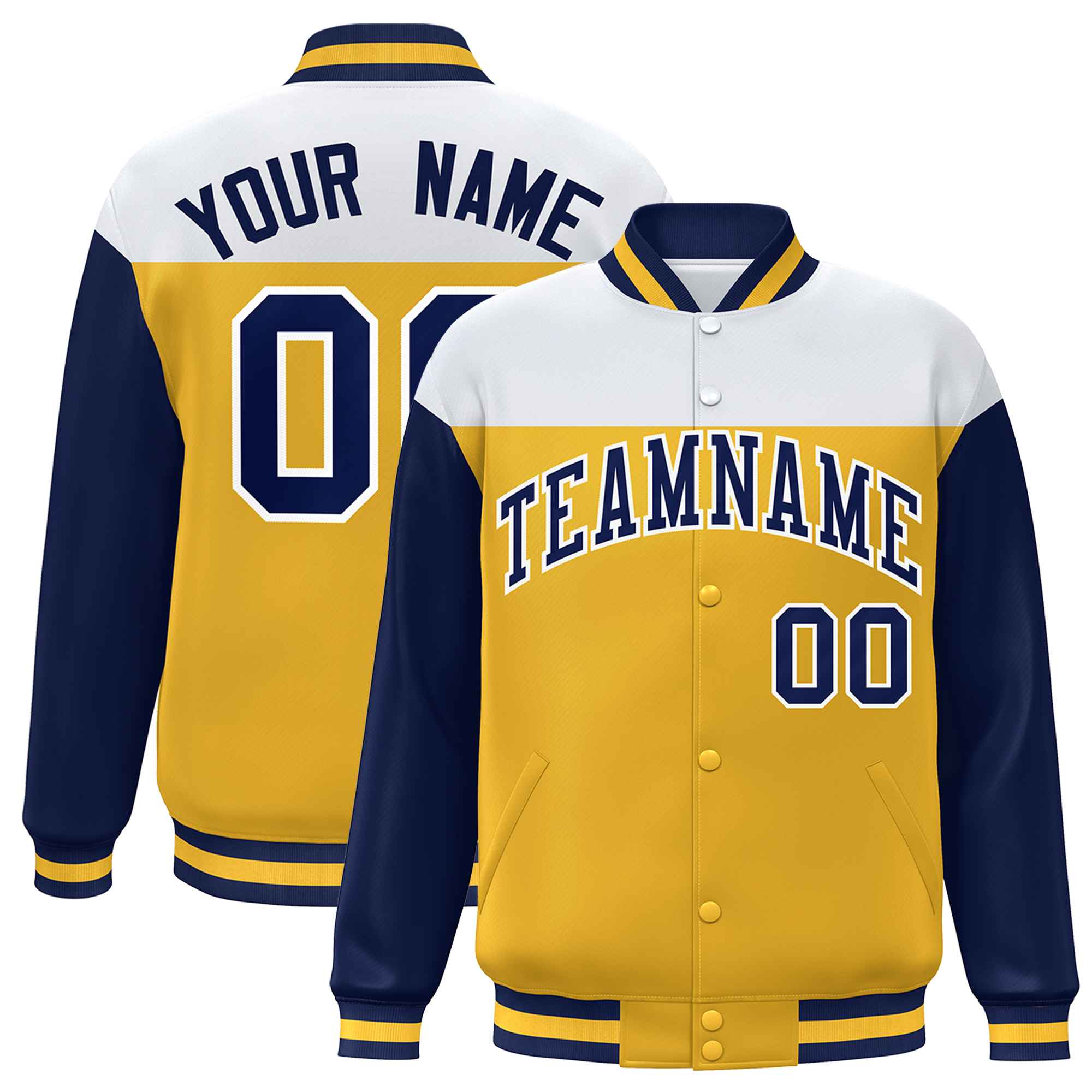 Custom White Gold-Navy Letterman Color Block Varsity Full-Snap Baseball Jacket