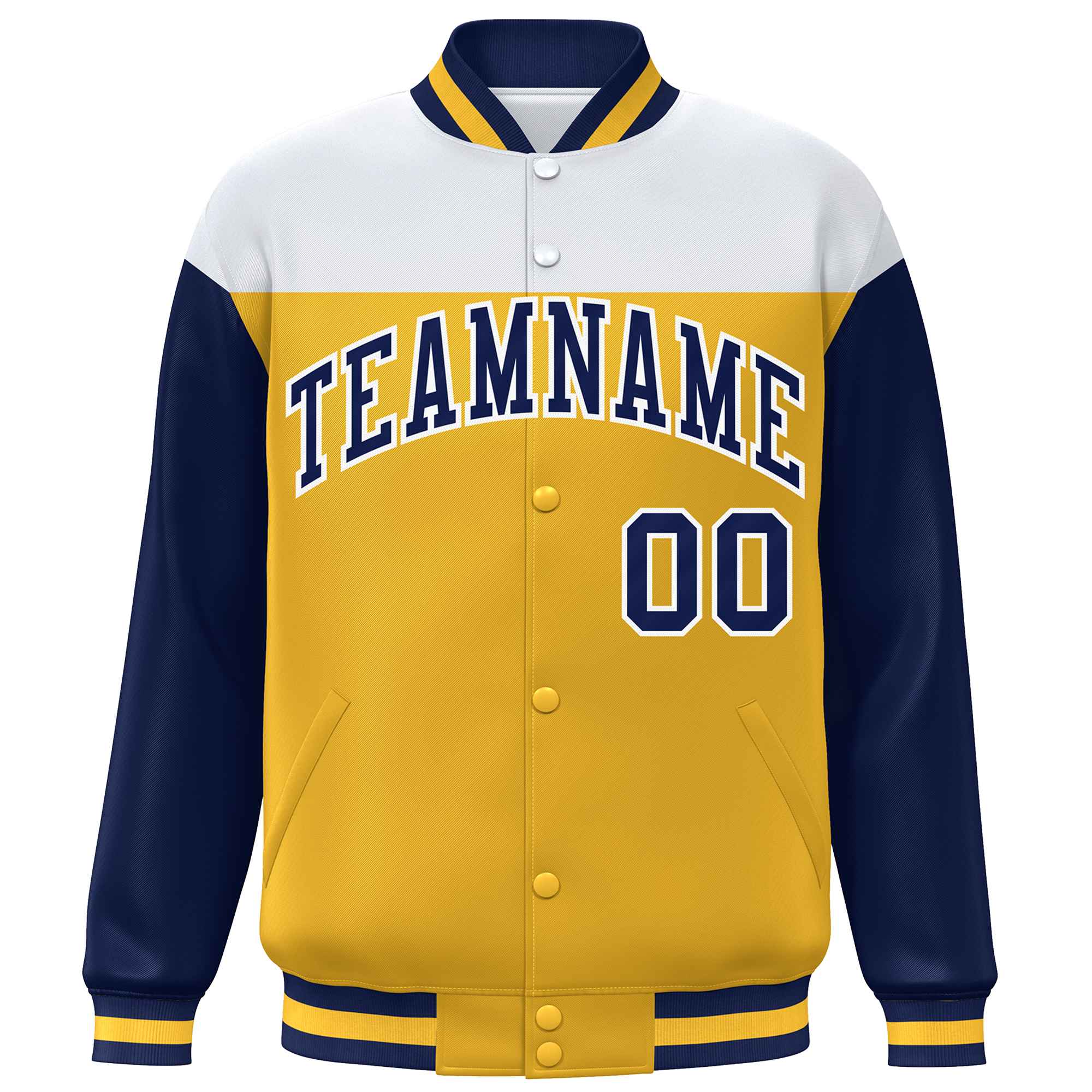 Custom White Gold-Navy Letterman Color Block Varsity Full-Snap Baseball Jacket