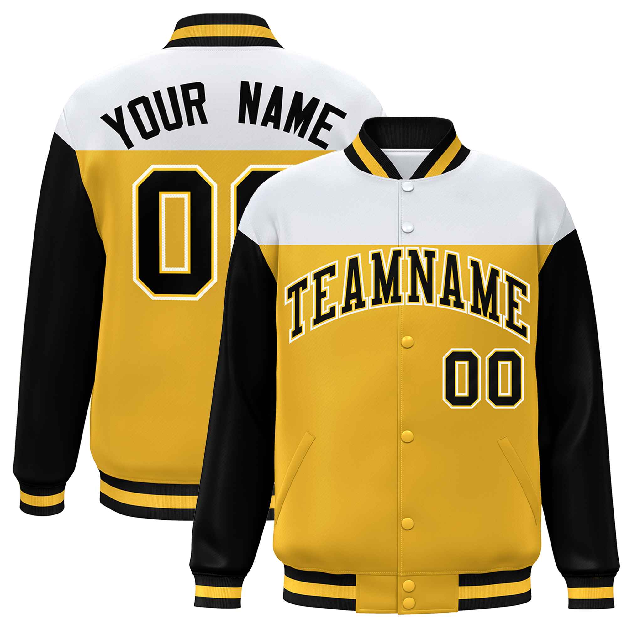 Custom White Gold-Black Letterman Color Block Varsity Full-Snap Baseball Jacket