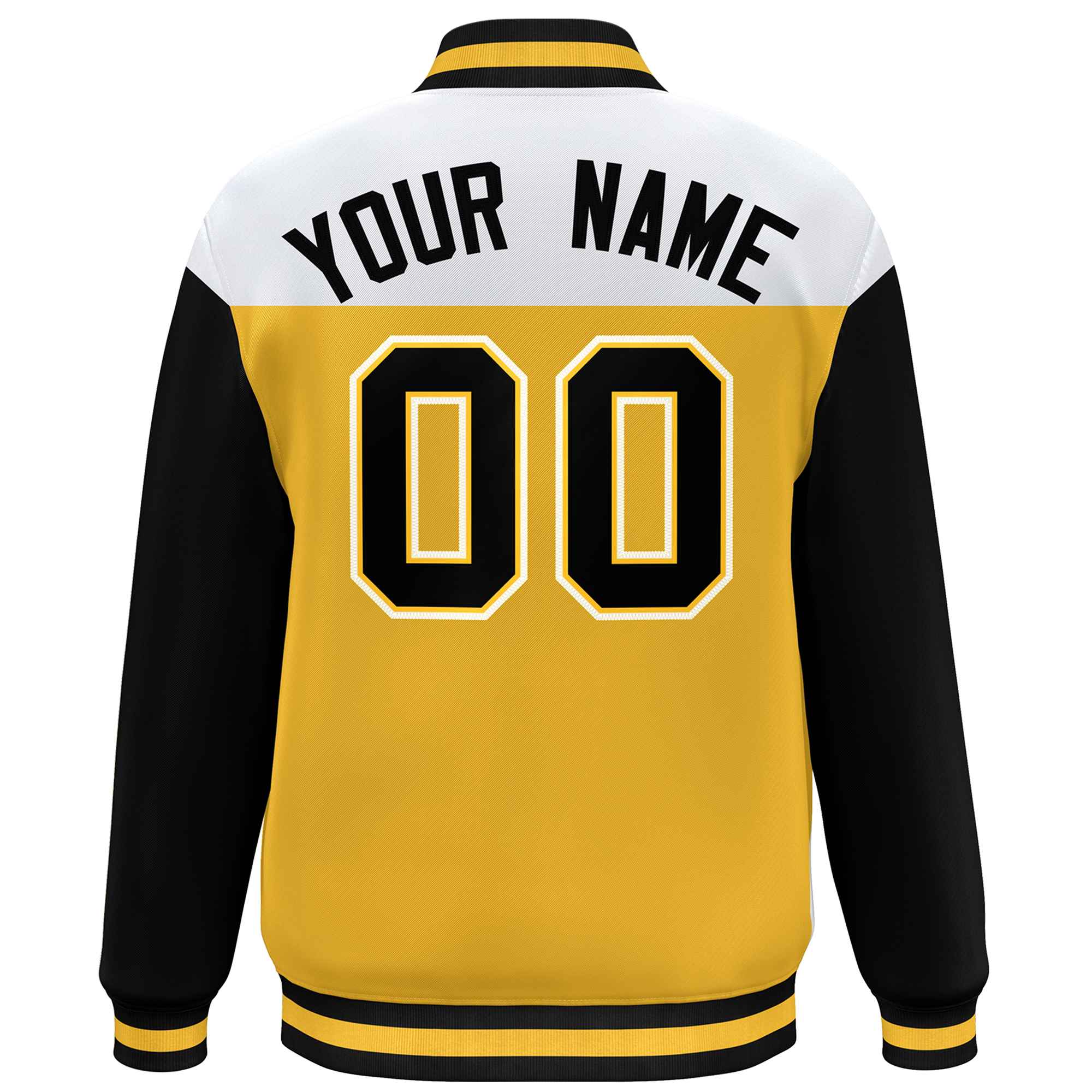 Custom White Gold-Black Letterman Color Block Varsity Full-Snap Baseball Jacket