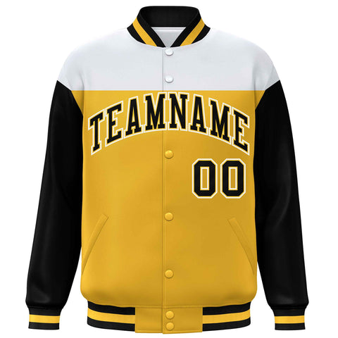 Custom White Gold-Black Letterman Color Block Varsity Full-Snap Baseball Jacket