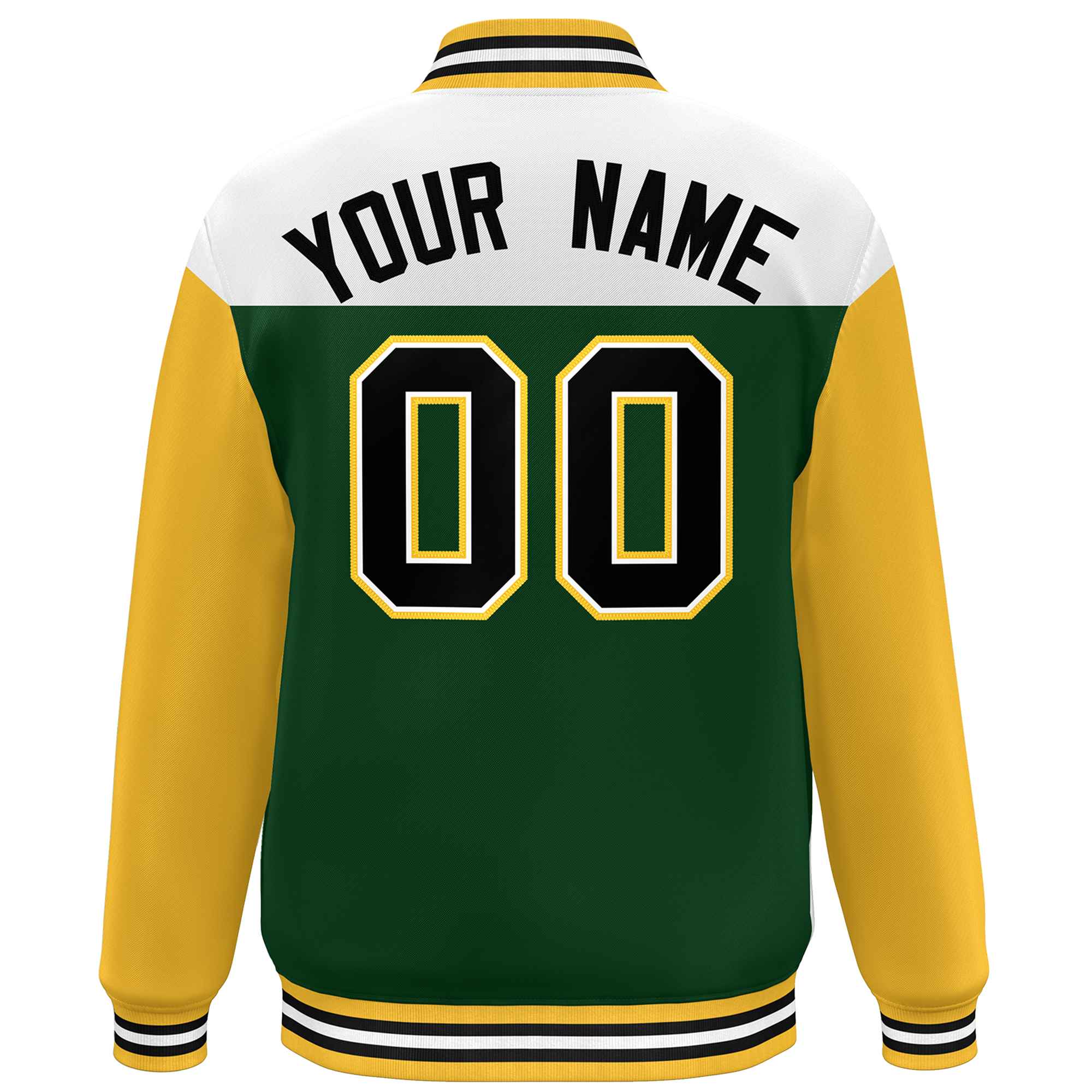 Custom White Green-Gold Letterman Color Block Varsity Full-Snap Baseball Jacket