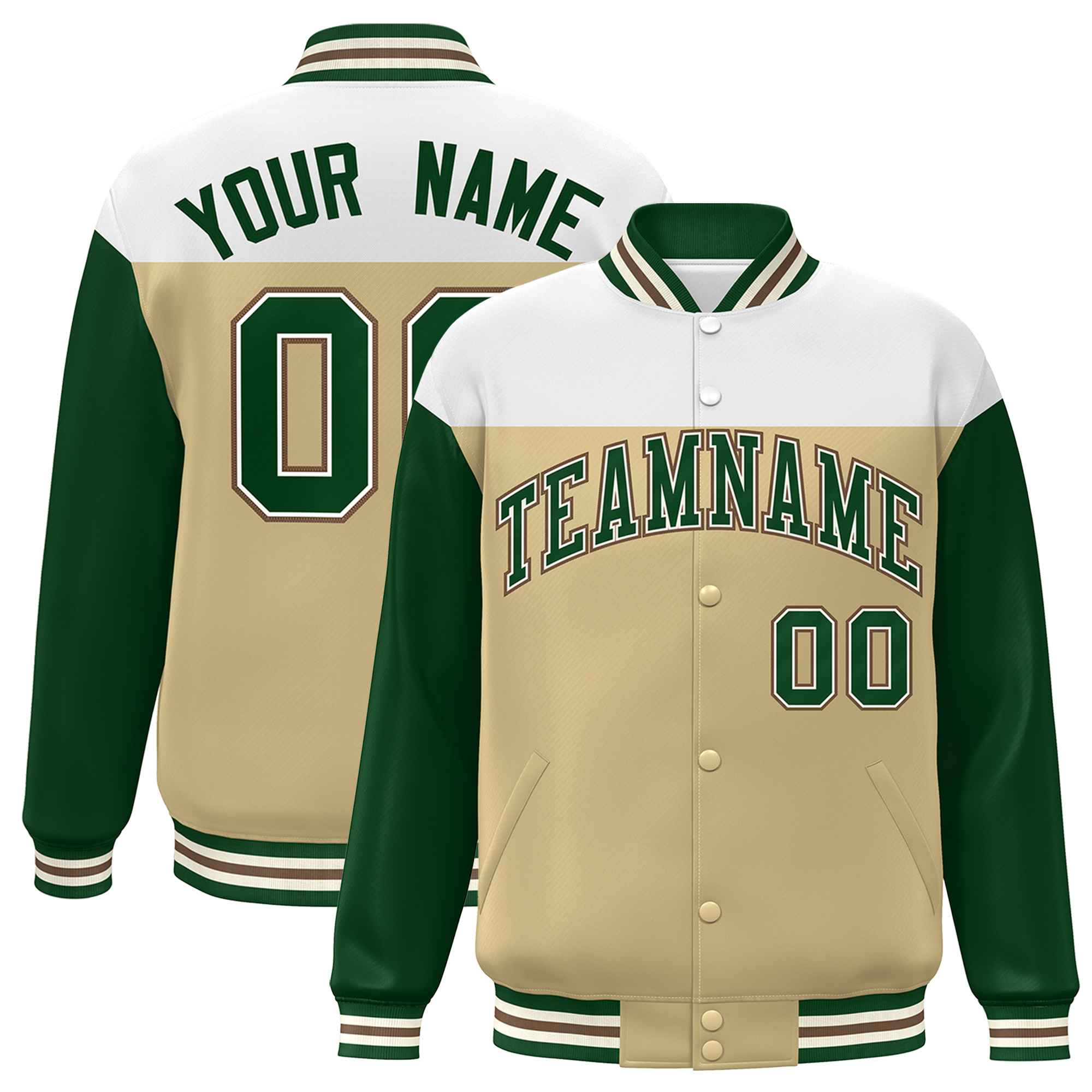 Custom White Khaki-Green Letterman Color Block Varsity Full-Snap Baseball Jacket