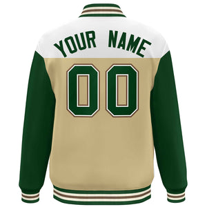 Custom White Khaki-Green Letterman Color Block Varsity Full-Snap Baseball Jacket