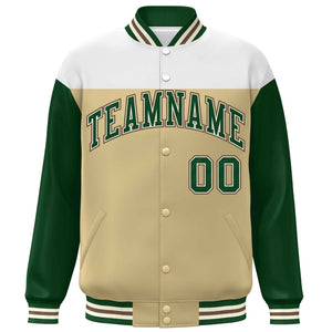 Custom White Khaki-Green Letterman Color Block Varsity Full-Snap Baseball Jacket