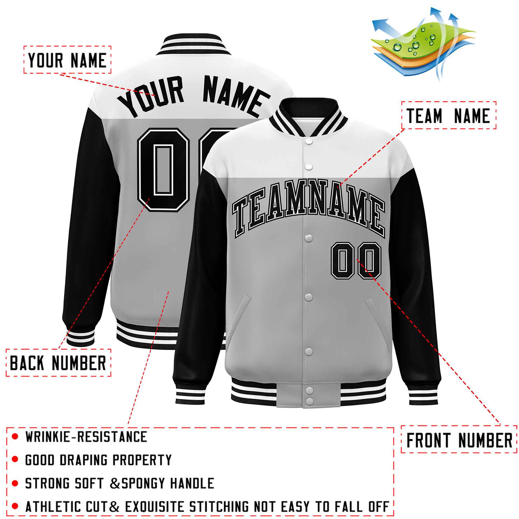 Custom White Gray-Black Letterman Color Block Varsity Full-Snap Baseball Jacket